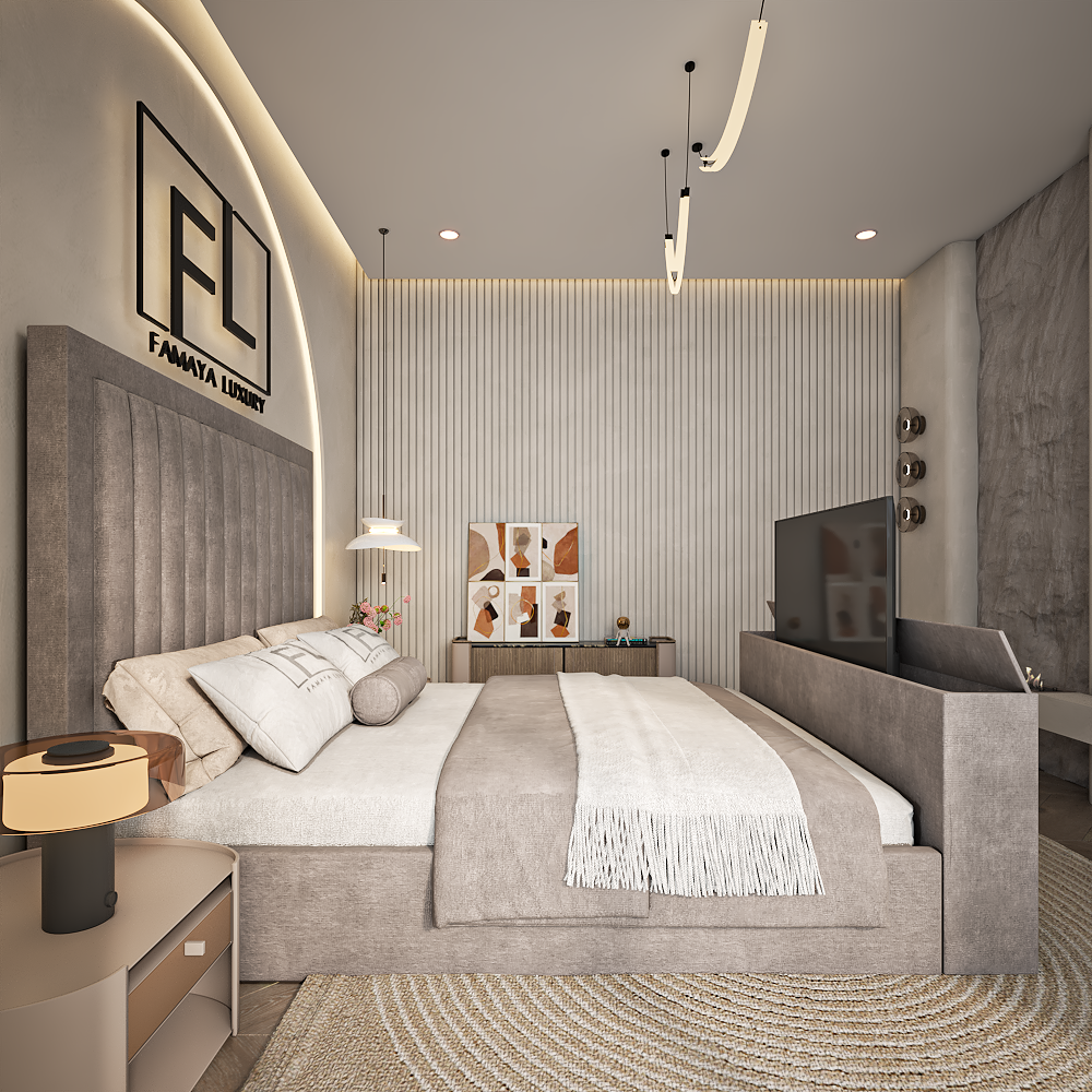 Larissa wingback beige fabric bed frame with vertical panels and elegant bedroom décor.