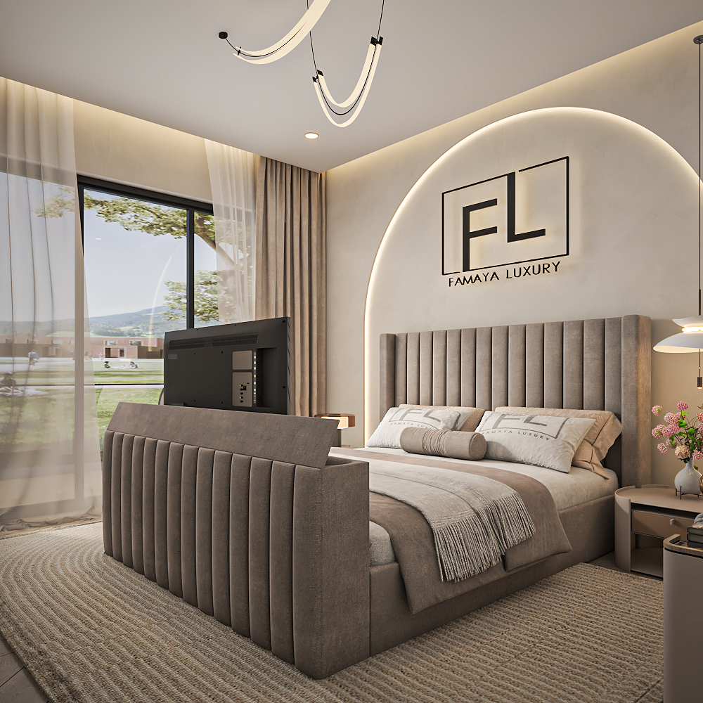 Larissa wingback upholstered bed showcasing premium design and contemporary interior style.