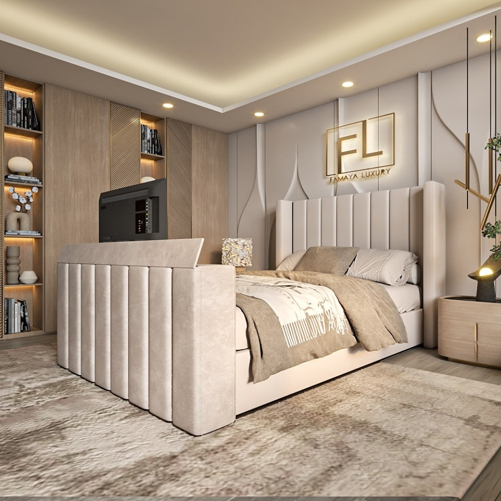 Modern bedroom with a Larossa Wing Back TV bed frame in cream fabric, featuring a retractable TV, neutral bedding.
