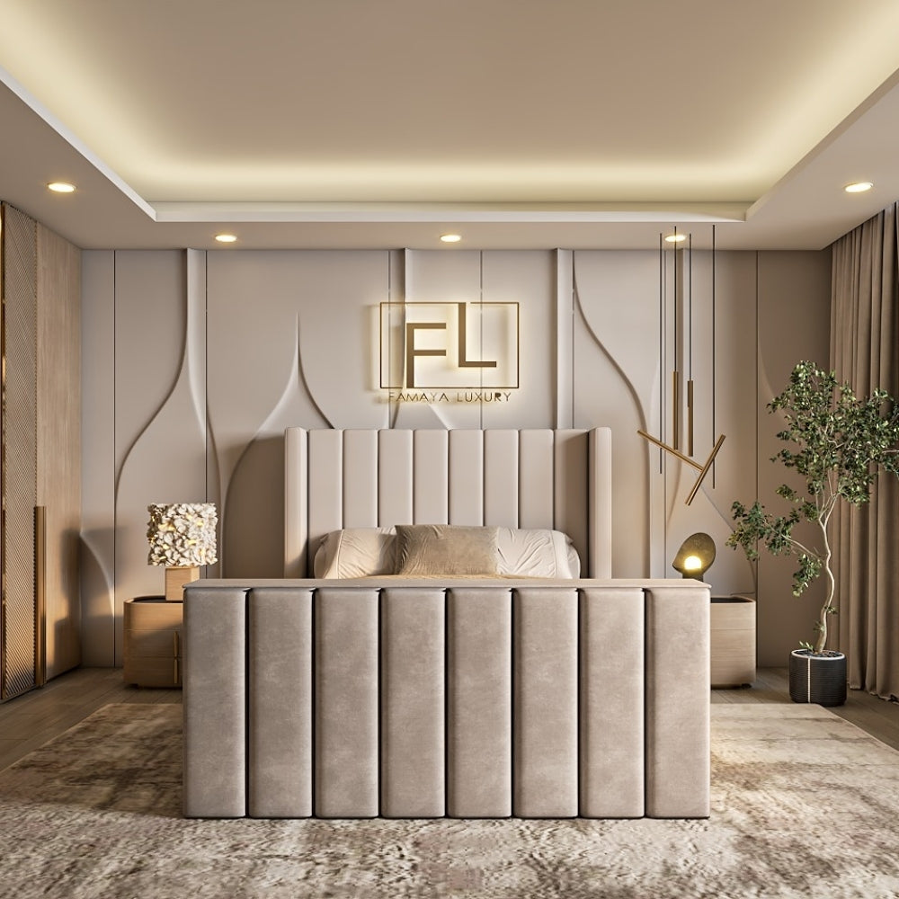 Modern bedroom with a Larossa Wing back TV bed, decorative wall paneling, and ambient lighting.

