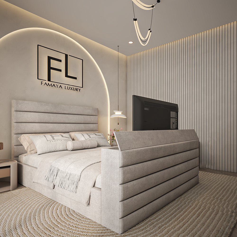 Lavor prestige grey fabric bed frame with padded headboard and elegant contemporary interior.
