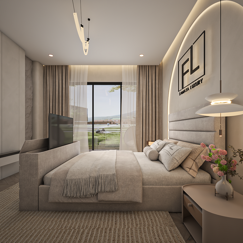 Lavor prestige upholstered bed with clean lines and soft fabric finish in a luxury bedroom.