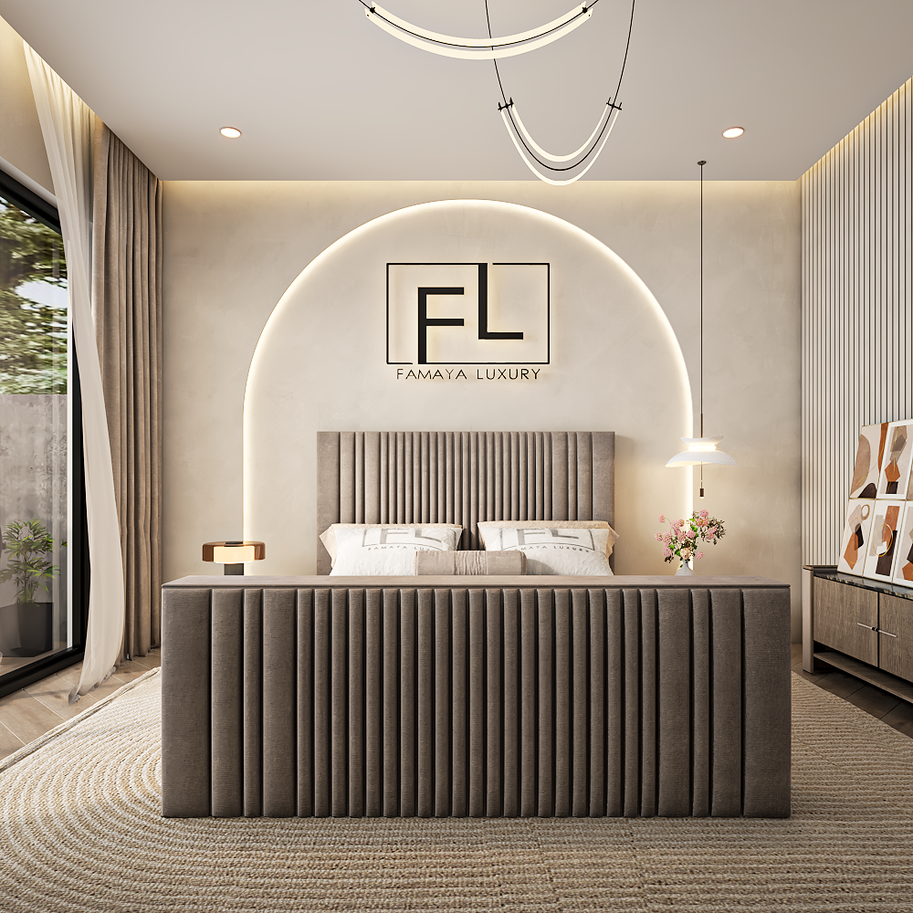 Luxuria tv bed with beige upholstered frame and vertical panel headboard in a modern luxury bedroom.