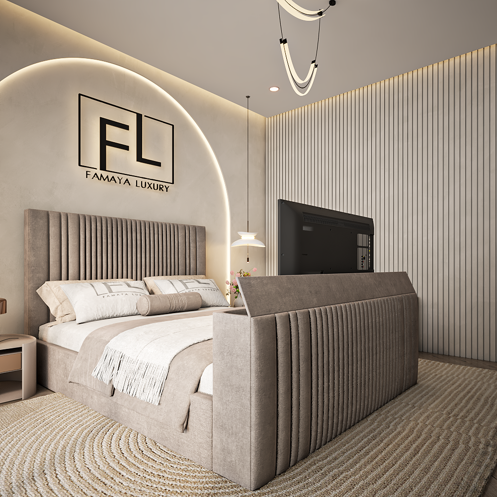 Luxuria tv bed modern upholstered bed frame with built in tv feature and elegant neutral décor.