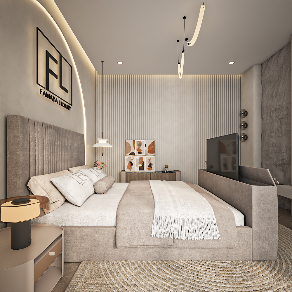 Luxuria tv bed contemporary luxury bed frame with padded panels in a bright modern bedroom.