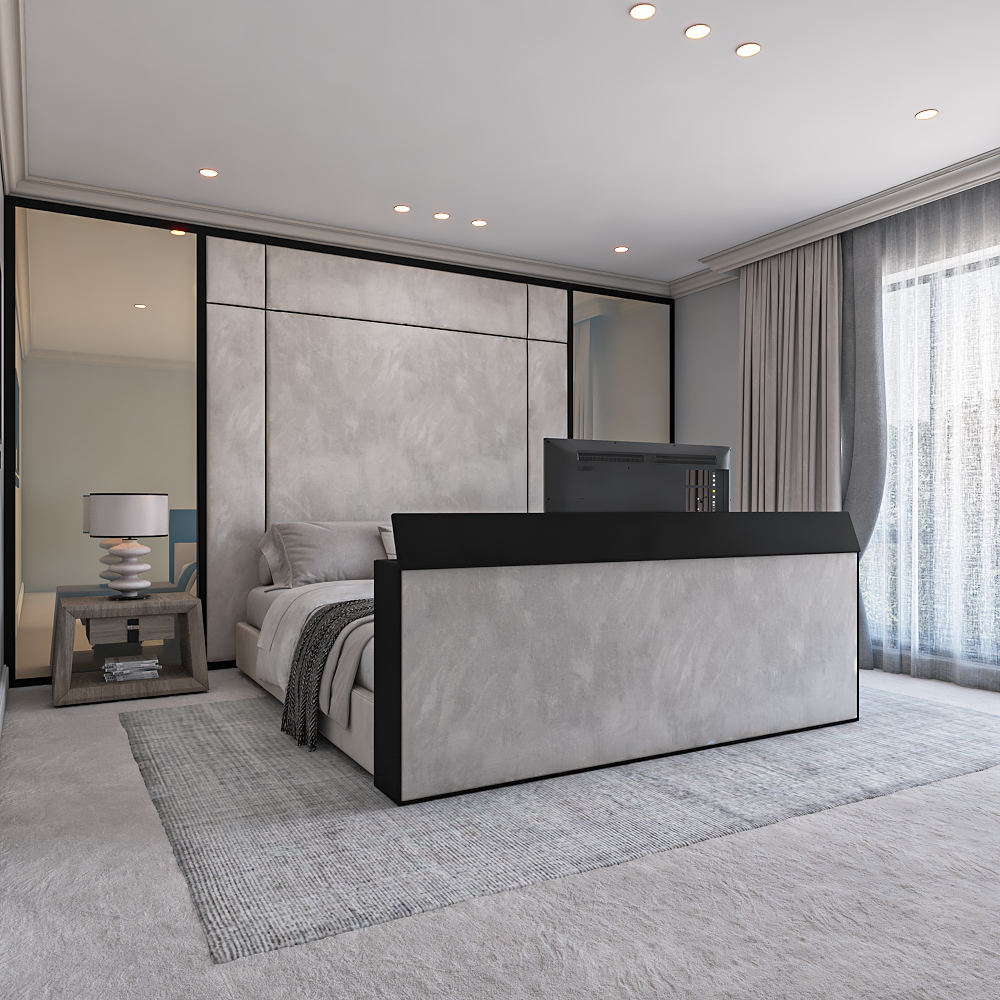 Contemporary Savoiy TV foot bed showing rear footboard design with integrated TV space and plush upholstered finish