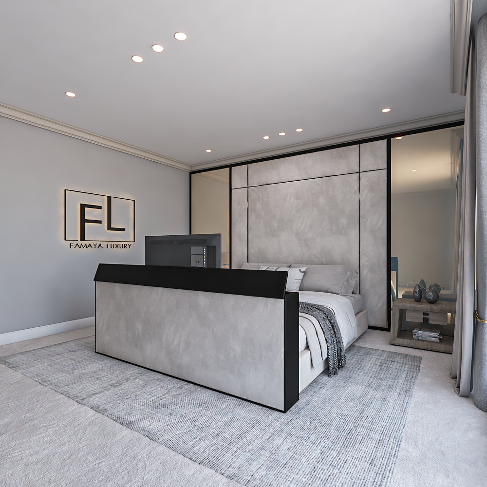 Modern upholstered Savoiy TV foot bed photographed from side angle, showcasing clean lines and premium fabric texture