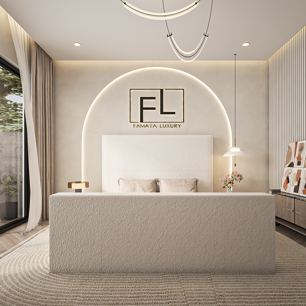 Cameron Cloud TV Bed with soft upholstered frame, luxury headboard, and modern neutral bedroom interior design.