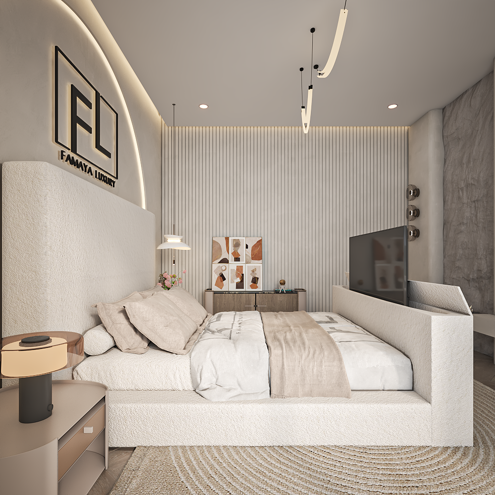 Cameron Cloud TV Bed with luxury upholstered structure, neutral tones, and refined contemporary interior layout.