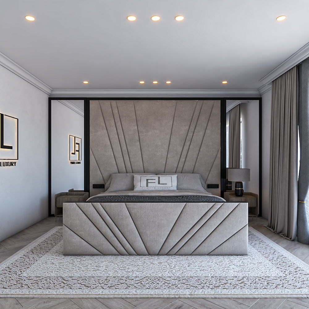 The Freya Tv foot upholstered TV bed frame featuring angular footboard design, soft grey fabric and sleek look