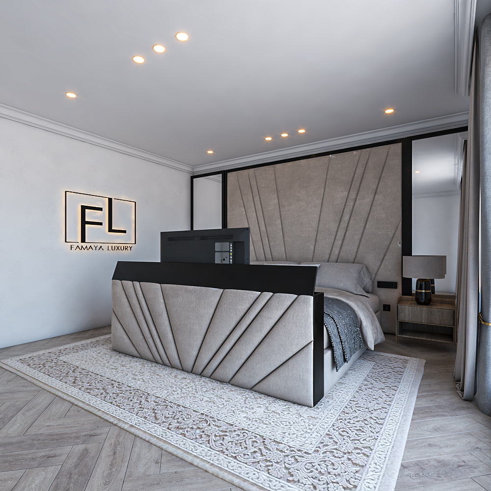 The Freya Tv foot premium TV bed with sculpted geometric footboard, upholstered surround and refined décor