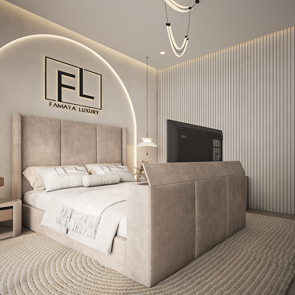 The Harrogate tv bed modern upholstered bed frame with built in tv and soft neutral bedroom décor