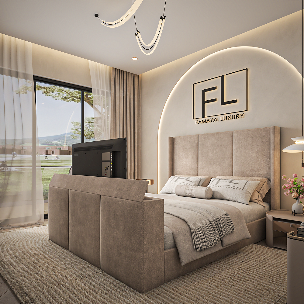 The Harrogate tv bed luxury panel bed with premium fabric finish in a stylish contemporary bedroom