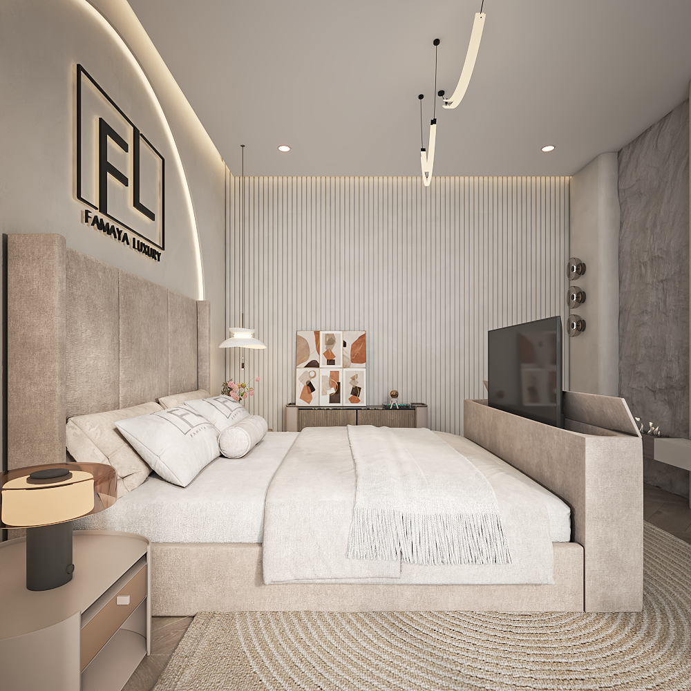 The Harrogate tv bed contemporary luxury bed frame with padded headboard in a bright modern bedroom