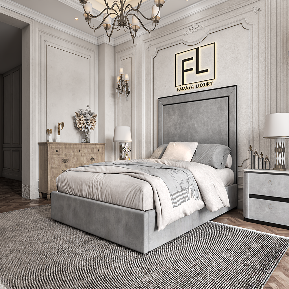 A luxurious bedroom featuring The Lapita piped bed frame.