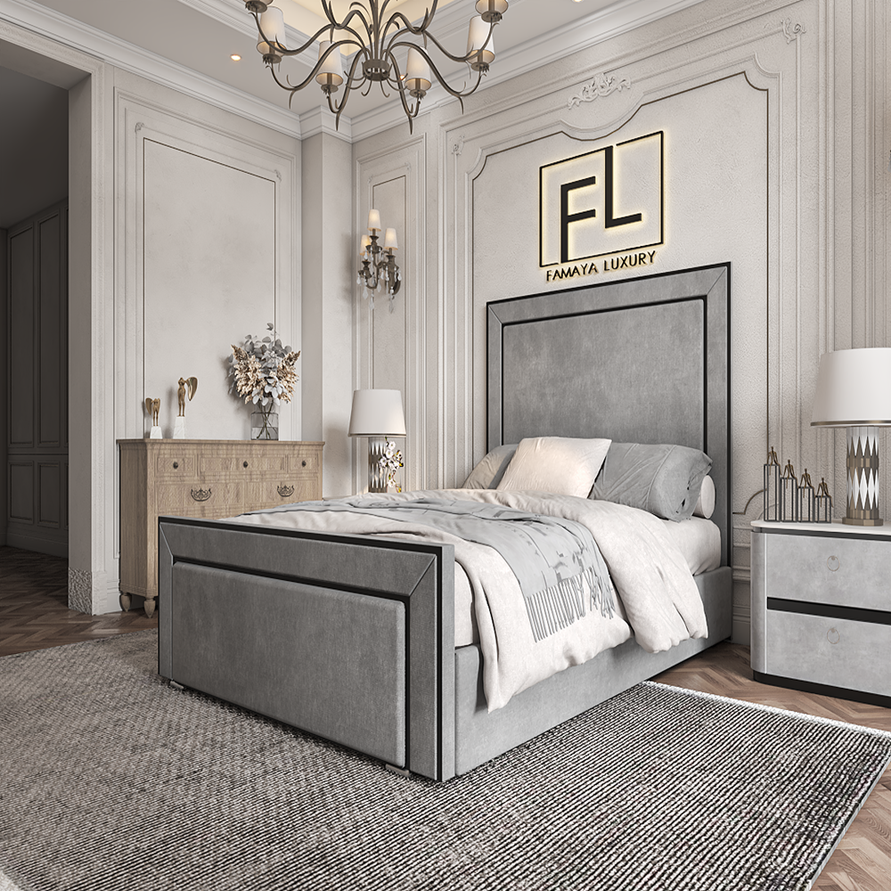 Luxurious bedroom with The Lapita piped bed frame, elegant decor.