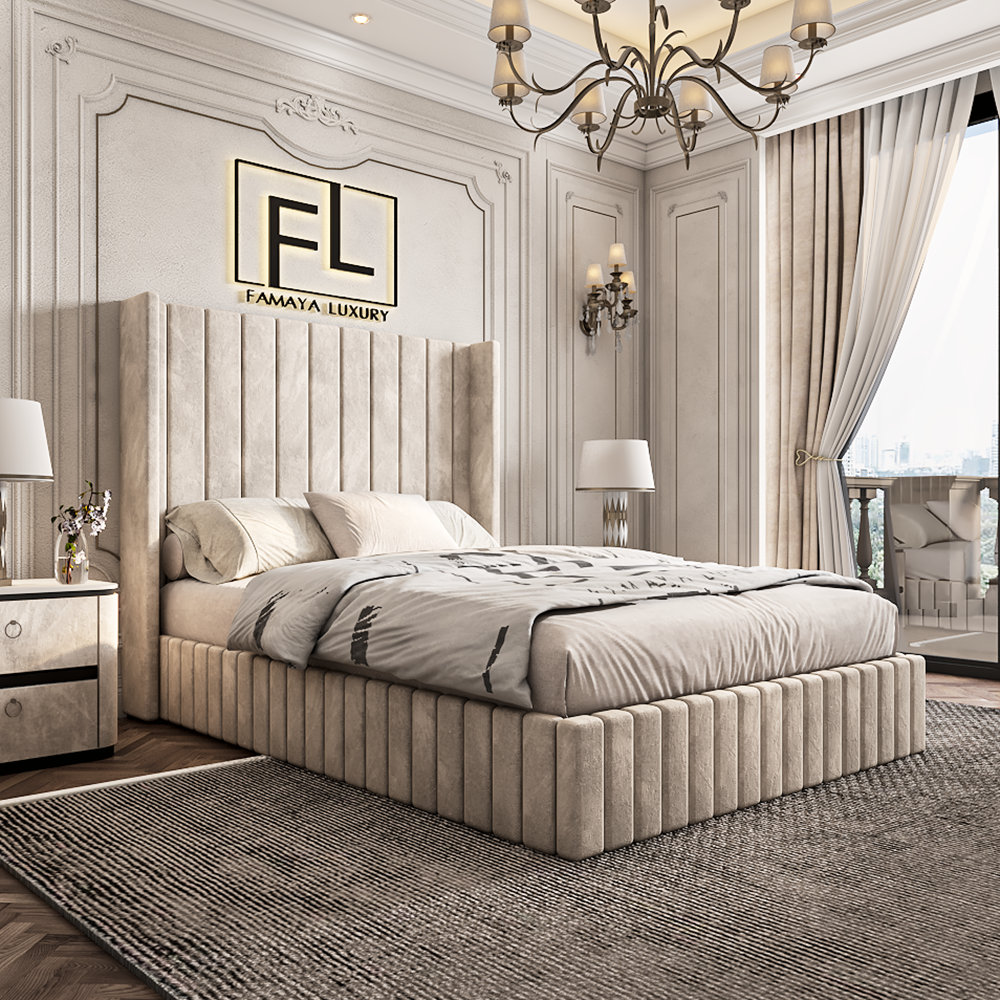 Elegant bedroom with The Lumiere Wingback bed frame, flanked by bedside tables and a chandelier overhead.