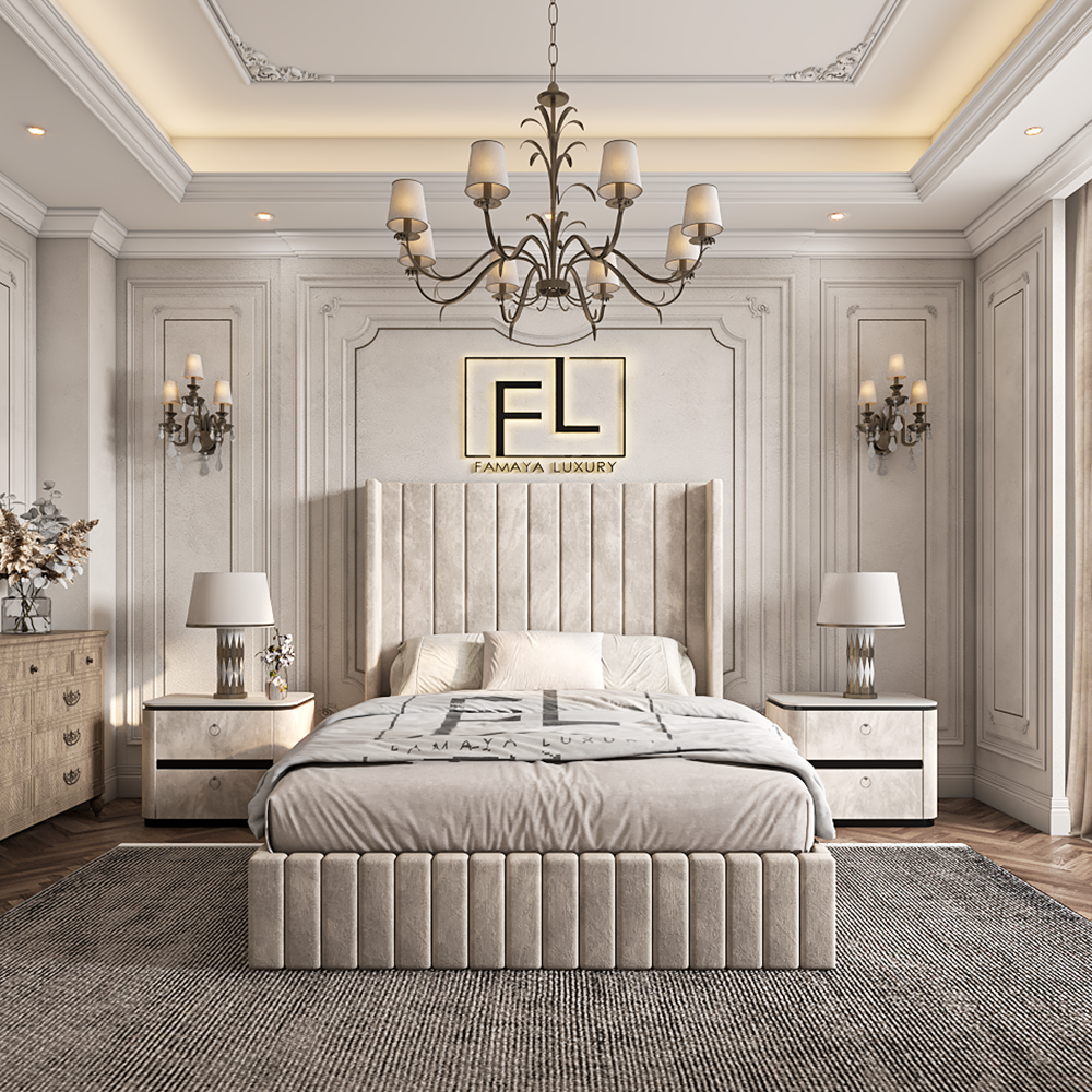 Luxurious bedroom with The Lumiere Wingback bed frame, featuring ornate decor and city views.