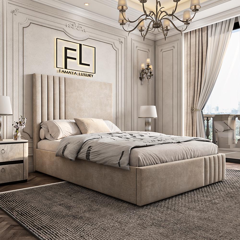 A luxurious bedroom featuring The Pirelli bed with beige upholstery, elegant decor.
