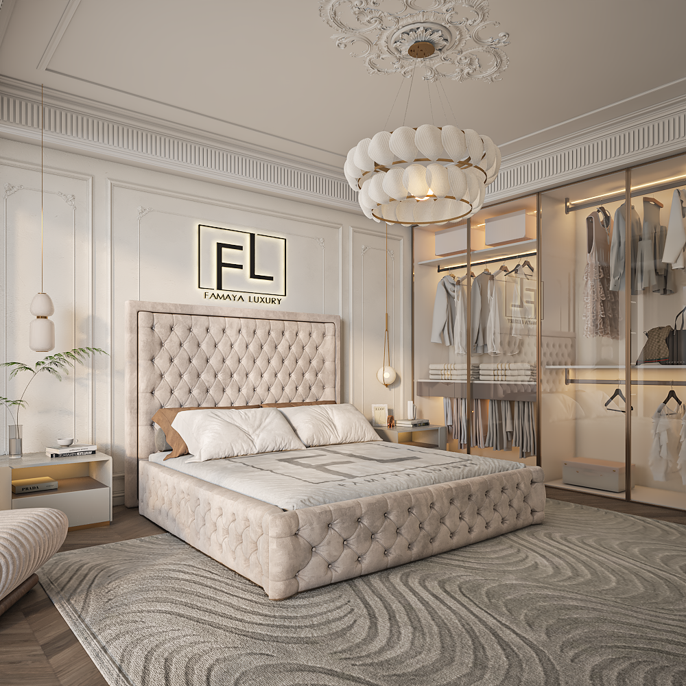 Elegant The Salvador Bed Frame featuring plush beige fabric, deep button tufting, and a sophisticated contemporary bedroom design.