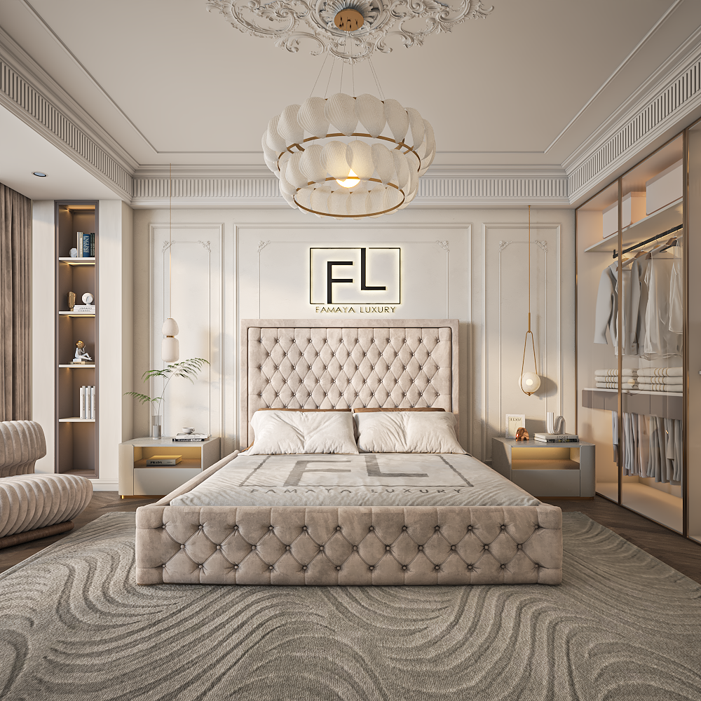 The Salvador Bed Frame in beige upholstery with diamond tufted headboard and footboard, styled in a luxury modern bedroom.
