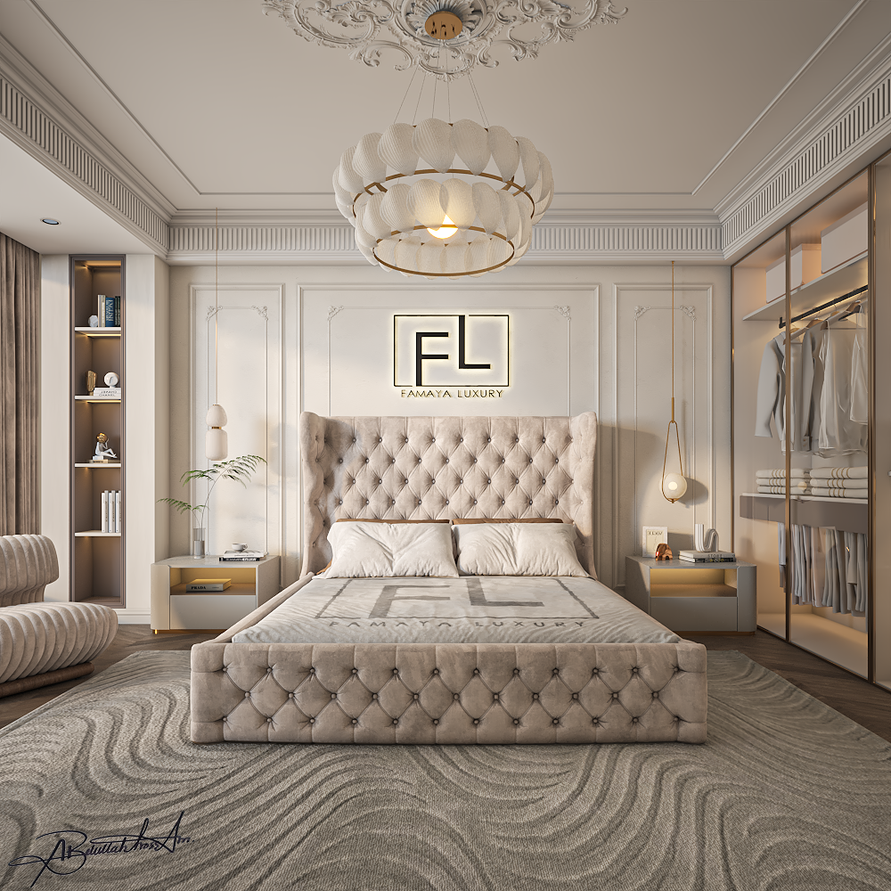 The Duke Bed Frame in premium upholstery with bold headboard design, blending elegance and comfort in a luxury bedroom.