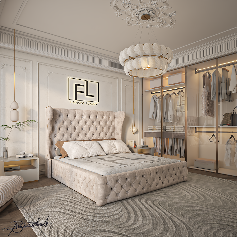 he Duke Bed Frame with luxurious upholstered design, tall statement headboard, and refined modern bedroom styling