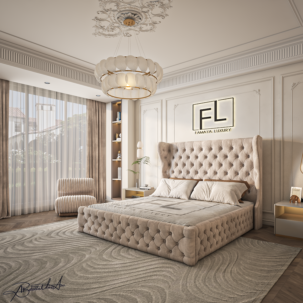 Luxurious The Duke Bed Frame featuring plush fabric, modern craftsmanship, and a sophisticated contemporary bedroom interior."