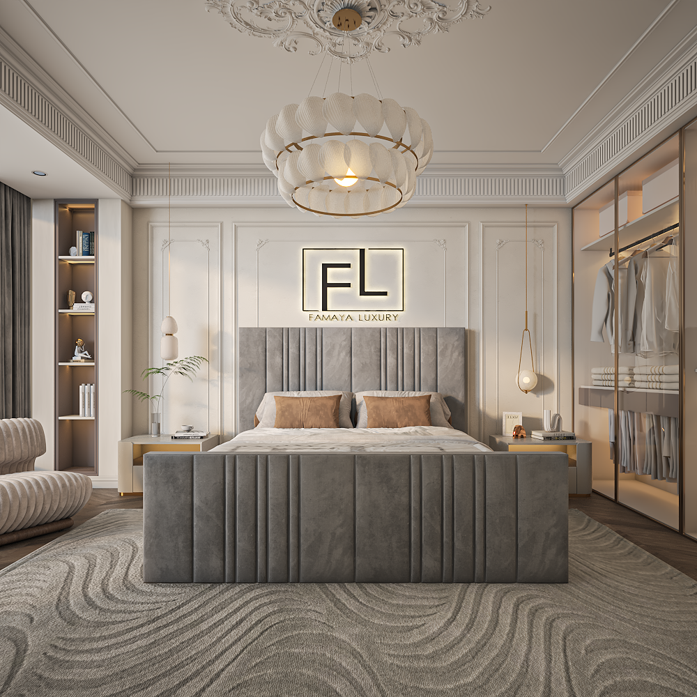The Randoma Split Bed Frame High Foot in grey upholstery with tall headboard, elegant high foot design, and luxury bedroom style.