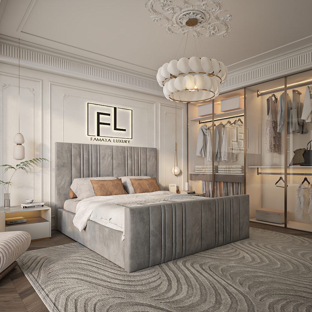 Luxurious The Randoma Split Bed Frame High Foot with plush grey fabric, modern tall headboard, and stylish bedroom décor.