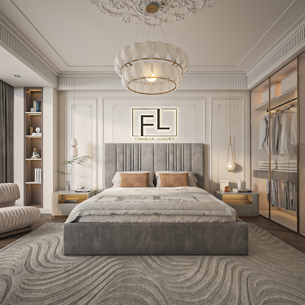 Elegant The Randoma Split Bed Frame Low Foot with upholstered finish, sleek low foot style, and contemporary bedroom décor.