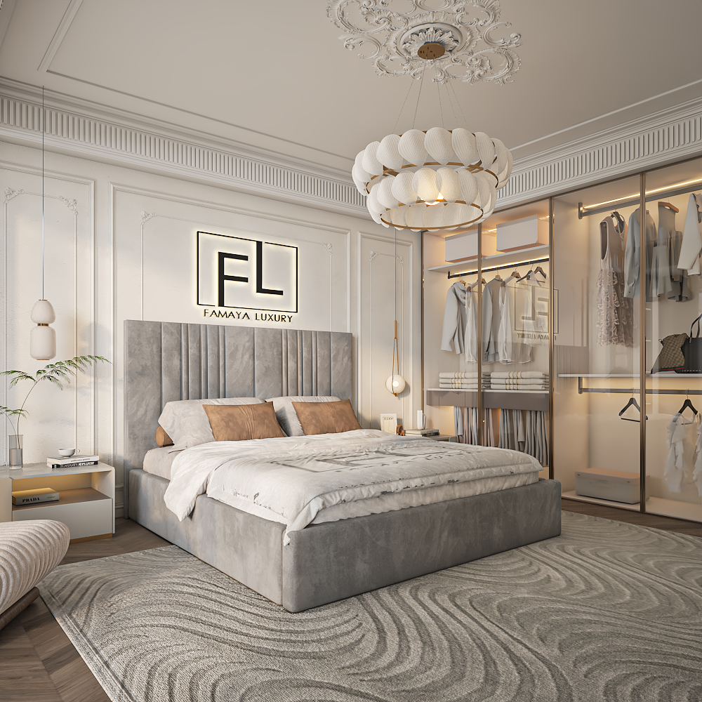 The Randoma Split Bed Frame Low Foot in a luxury bedroom with soft grey upholstery, modern design, and elegant finish.