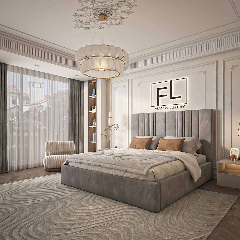 Elegant The Randoma Split Bed Frame Low Foot with upholstered finish, sleek low foot style, and contemporary bedroom décor.