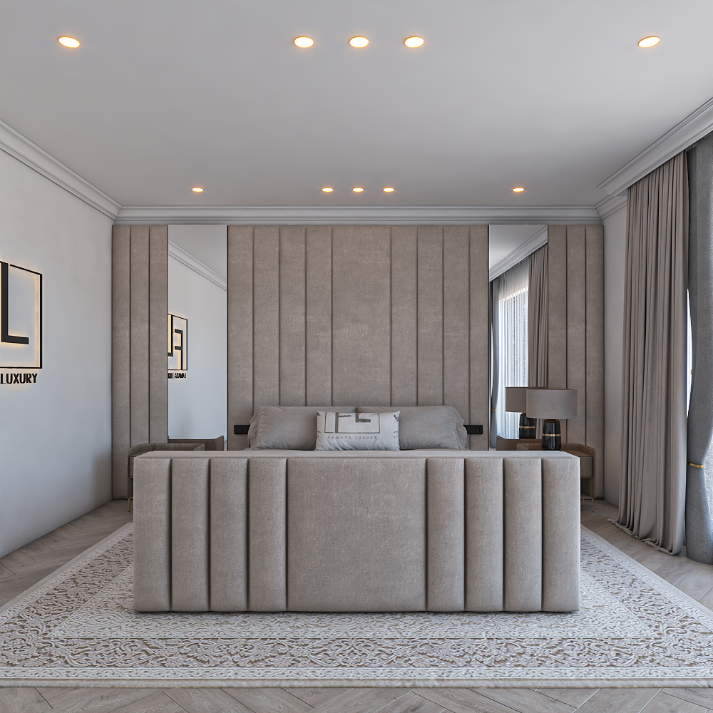 The Amore Bed Tv Foot luxury upholstered TV bed with tall vertical footboard panels and elegant neutral bedroom styling
