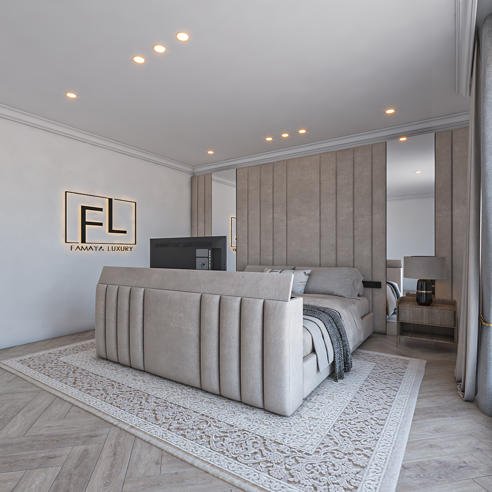 The Amore Bed Tv Foot premium upholstered TV bed with vertical panel foot end and stylish luxury bedroom setting