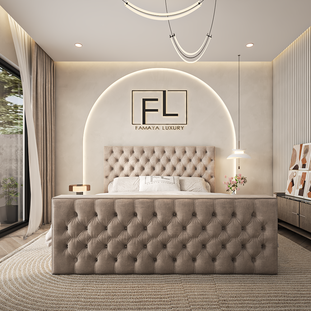 The cristal tv bed luxury TV bed design with padded frame, stylish lighting, and integrated TV lift