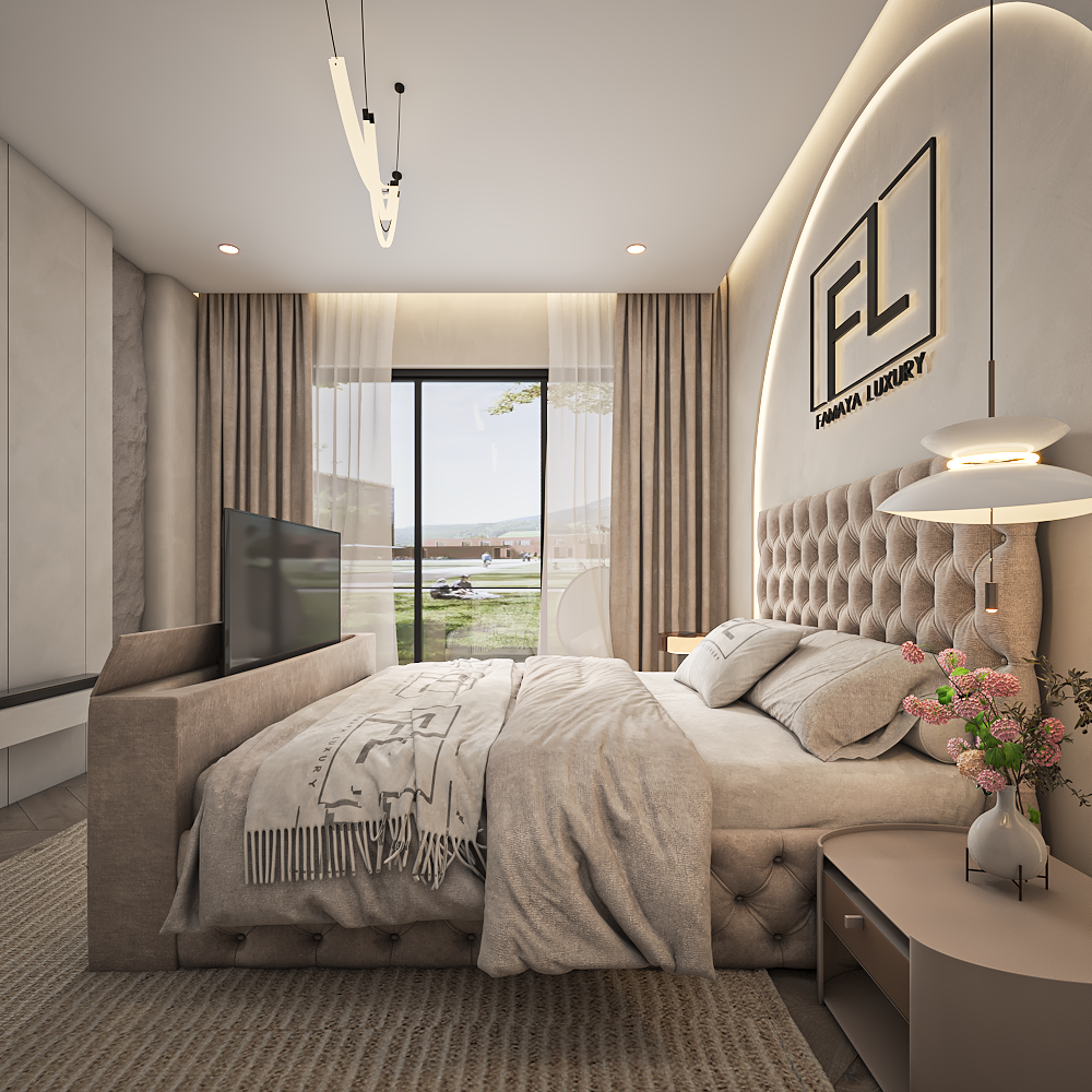 The cristal tv bed premium TV bed with plush headboard, soft neutral fabric, and built-in TV unit