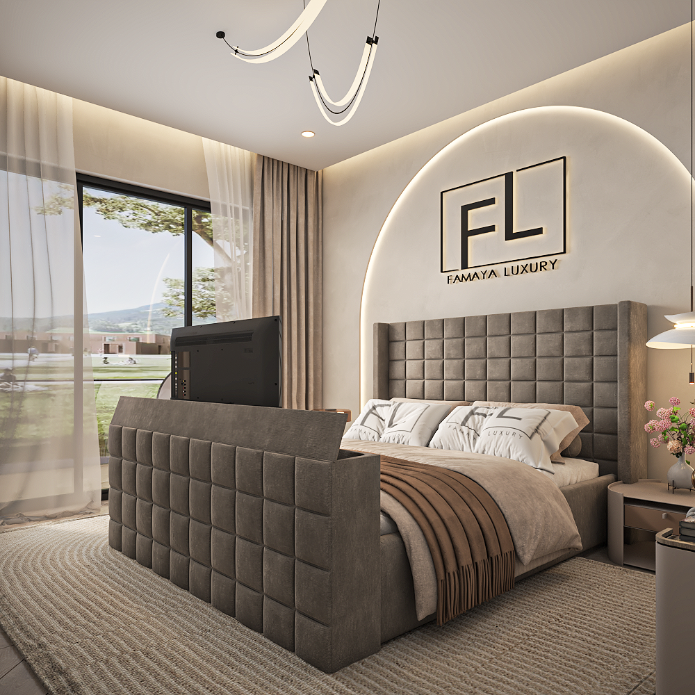 The cube wingback modern TV bed with padded square panels and elegant contemporary bedroom décor