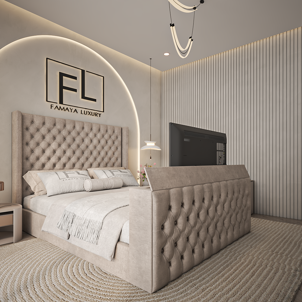 The Heritage tv bed modern upholstered bed with built in tv and elegant neutral bedroom décor