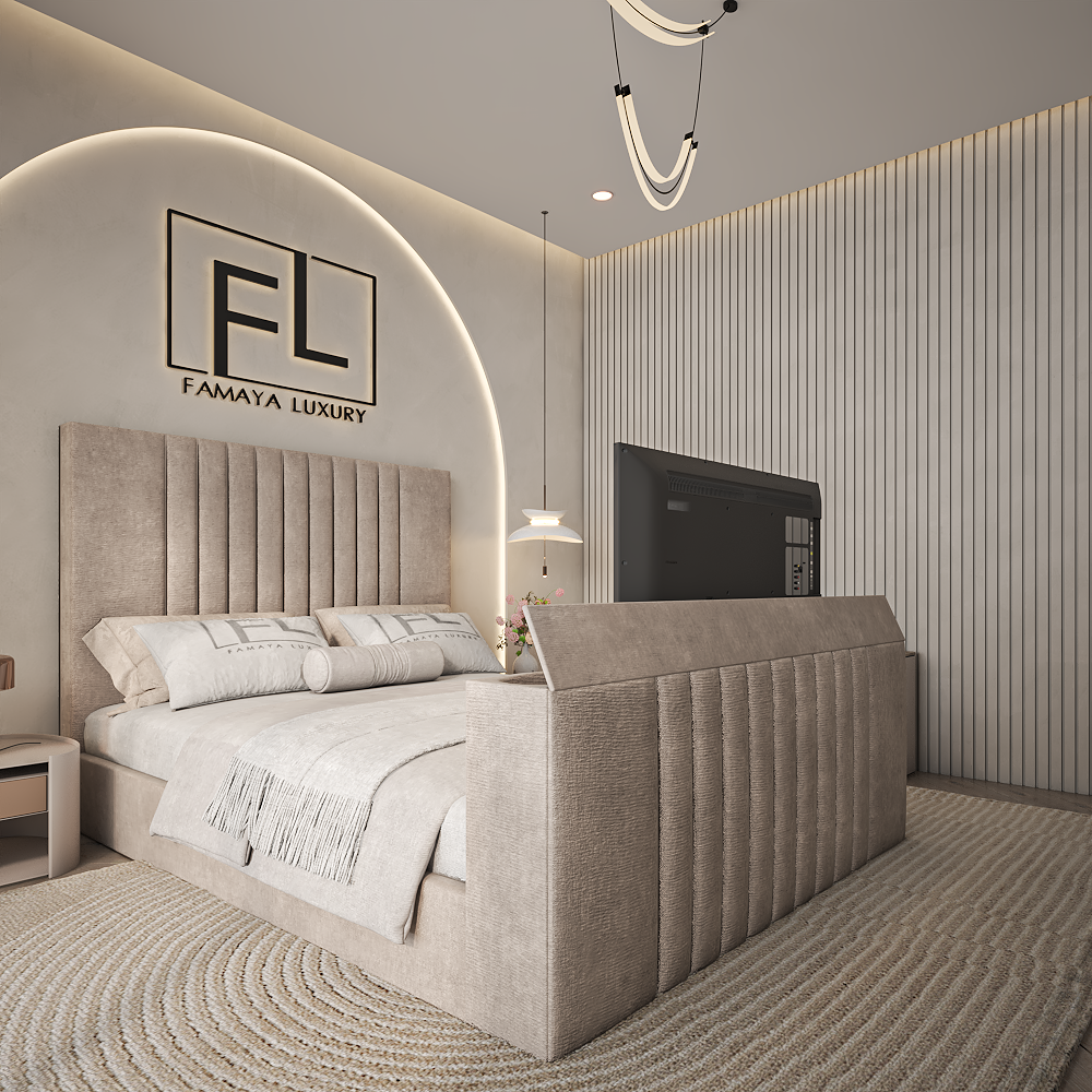 The Luxe tv bed modern upholstered bed frame with built in tv and soft neutral bedroom décor