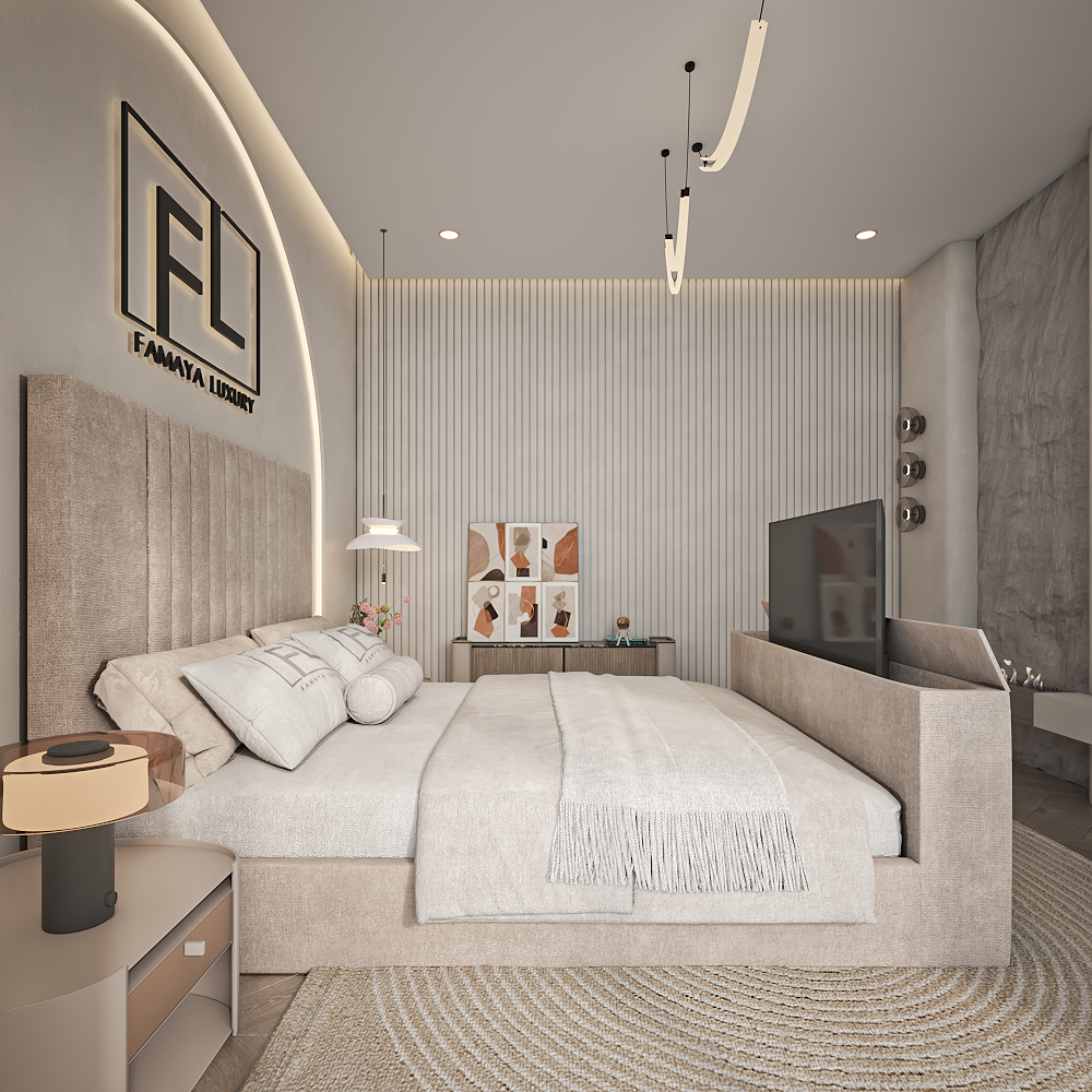 The Luxe tv bed contemporary luxury bed frame with padded panels in a bright modern bedroom