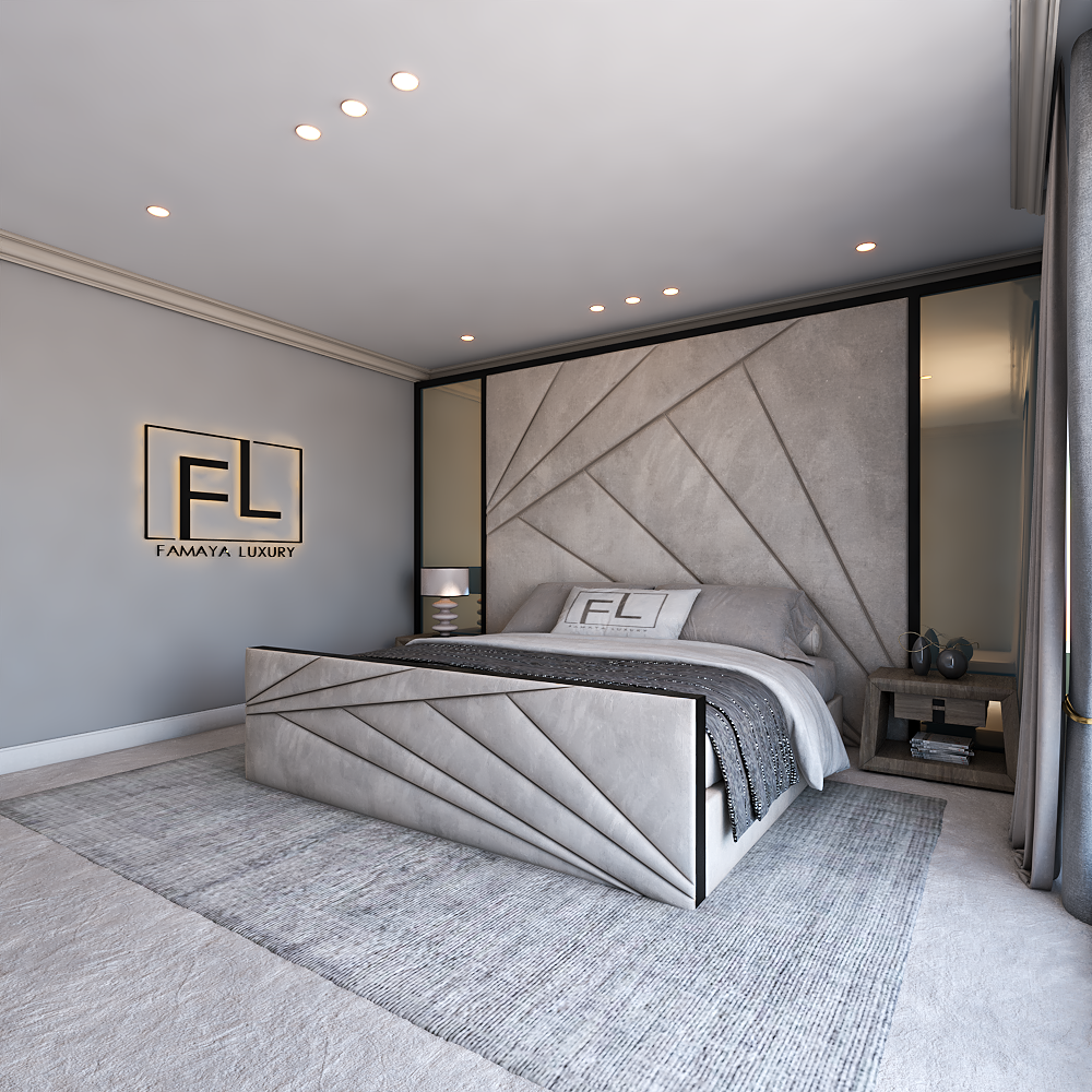 Stylish grey TV bed with geometric padded panels, luxury finish, and spacious modern bedroom layout