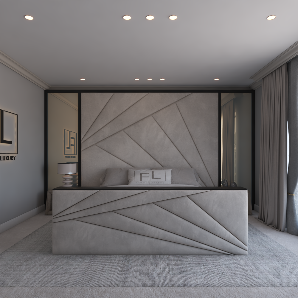 Contemporary luxury TV bed in neutral grey tones with sleek lines and a statement upholstered headboard
