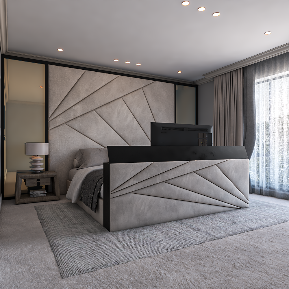 Premium upholstered TV bed with angular panel details, plush fabric, and modern bedroom styling