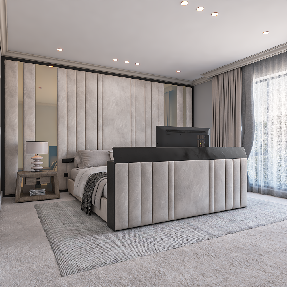 Beige fan-line upholstered TV bed with bold angled panel footboard and oversized headboard, styled in neutral room