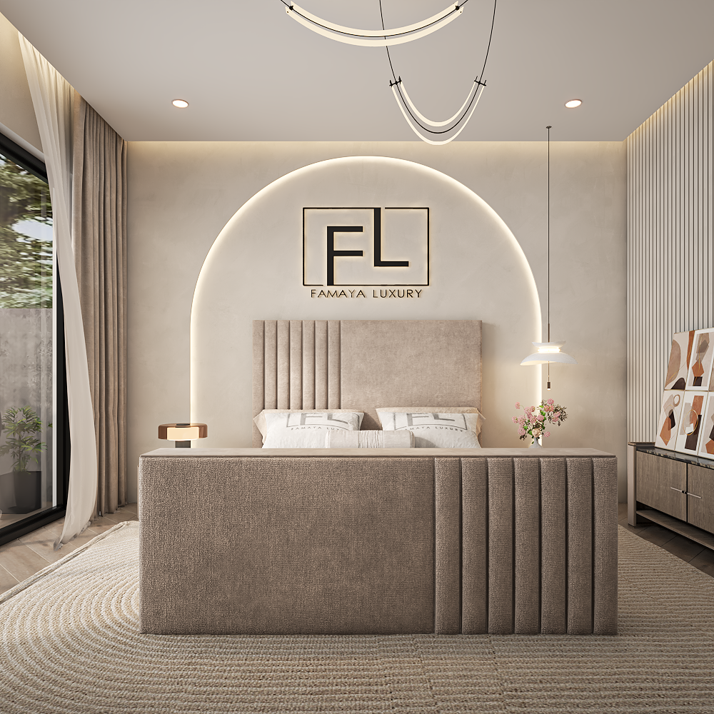 The Parallel tv bed with beige upholstered frame and panel headboard in a modern luxury bedroom setting