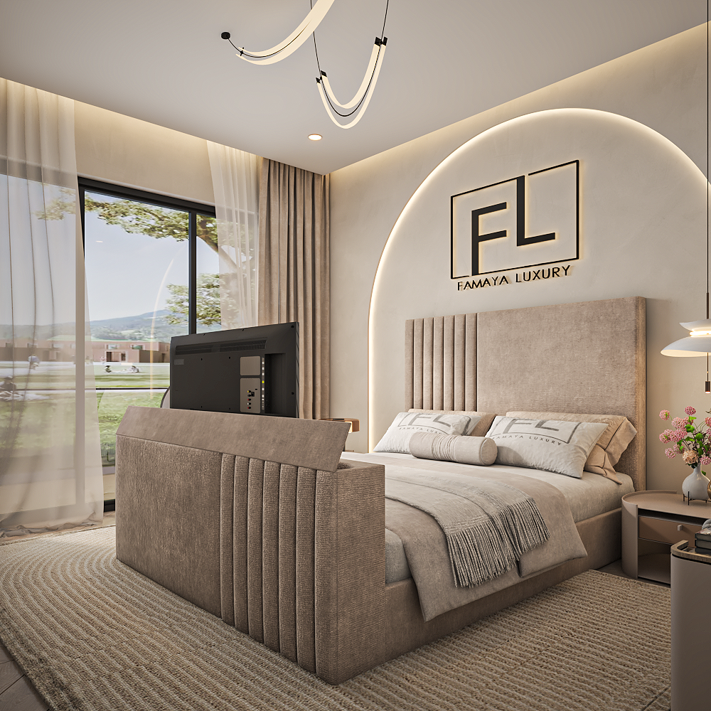 The Parallel tv bed luxury panel bed with premium fabric finish in a stylish contemporary bedroom