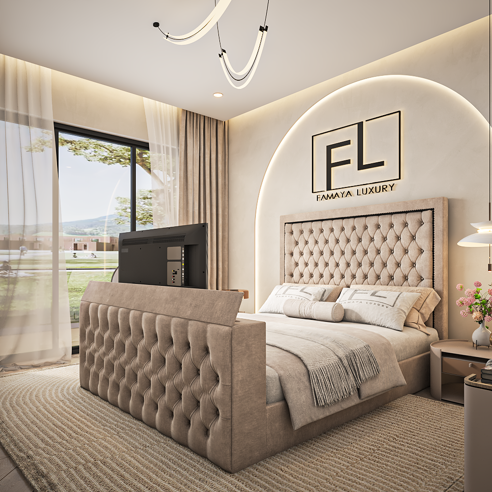 The slavadore tv bed modern TV bed with padded tufted panels and stylish bedroom décor by Famaya Luxury