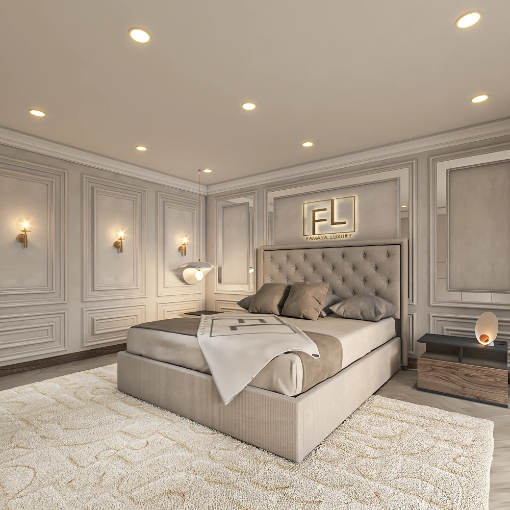 A luxurious bedroom with a tufted beige bed, "FL" logo, elegant decor, and The Valencia Bed Frame.