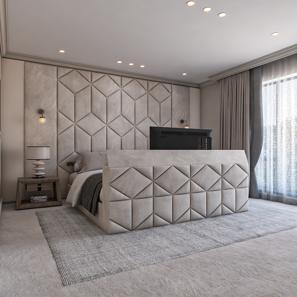 The vividus tv bed upholstered frame – Upholstered TV bed frame with bold geometric panels, plush textures and high end finish